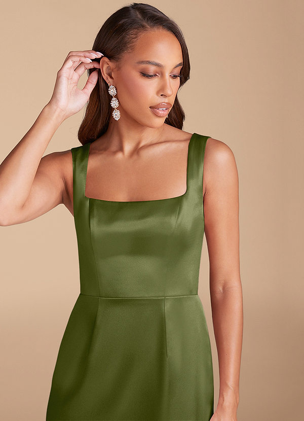 Azazie Flori Bridesmaid Dresses Olive Sheath Side Slit Metallic Satin Dress image1