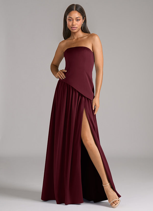Azazie Adeline Vestidos Dama de Honor Vestido de Cabernet de Satén Elástico de Corte en A Convertible con Sin tirantes image1