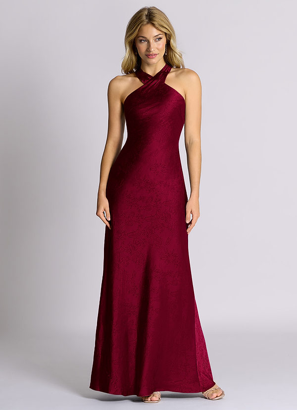 Azazie Doretta 신부 들러리 드레스 쉬스 주름진 자카드 바닥 길이 드레스 image1