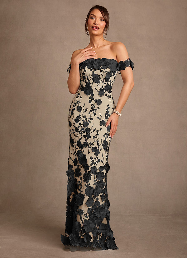 Azazie Lotta Mother of the Brides Dresses Black Champagne Mermaid Off the Shoulder Lace Dress image1