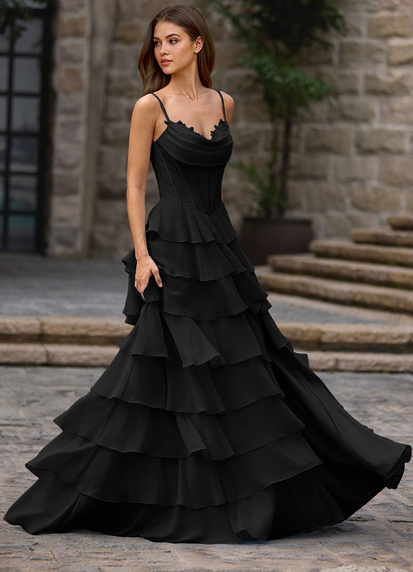 Floralace Black Ruffled A-line Prom Dress image1
