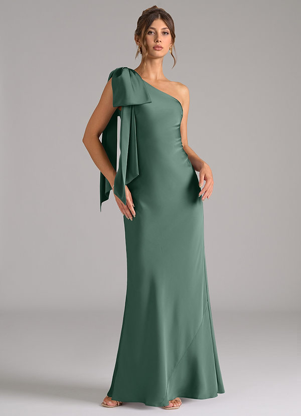 Azazie Capri Robes Demoiselle d'honneur Robe Sirène en Satin extensible Une épaule Eucalyptus image1