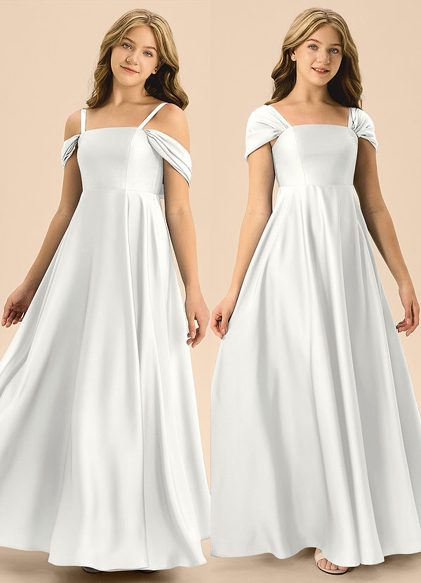 Azazie Rowena Junior White A-Line Bow Stretch Satin Dress image1