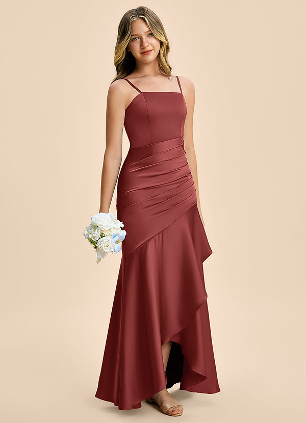 Azazie Aspyn Junior Terracotta Mermaid Ruched Stretch Satin Dress image1
