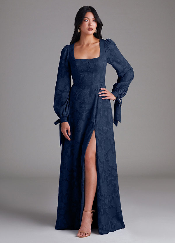 Azazie Leonia Bridesmaid Dresses Dark Navy A-Line Long Sleeve Floral Burnout Dress image1