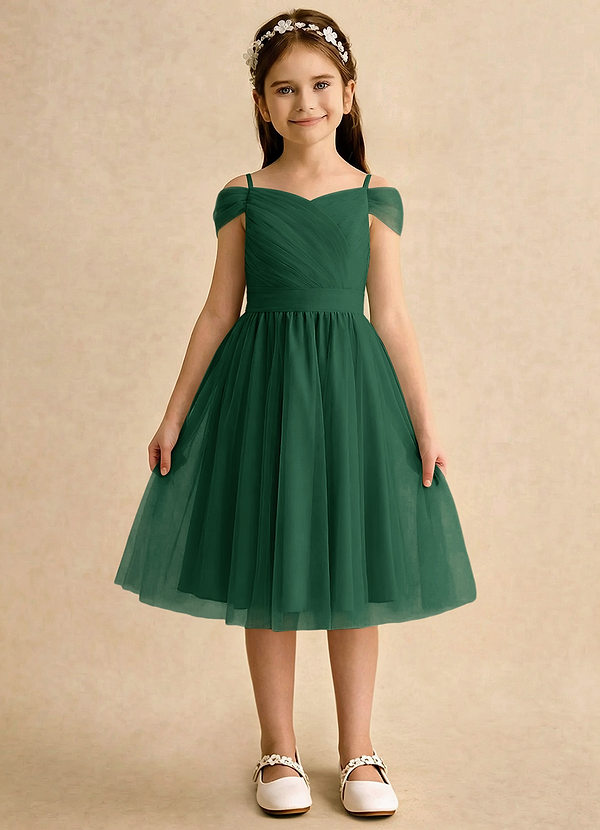 Azazie Lila Girls Formal Sukienki dla dziewczynek sypiących kwiaty Linia A Zza ramienia Tiul Długość do kolan Sukienka image1
