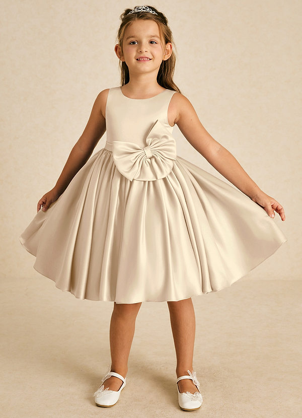 Azazie Apple Flower Girl Dresses Champagne A-Line Bow Matte Satin Dress image1