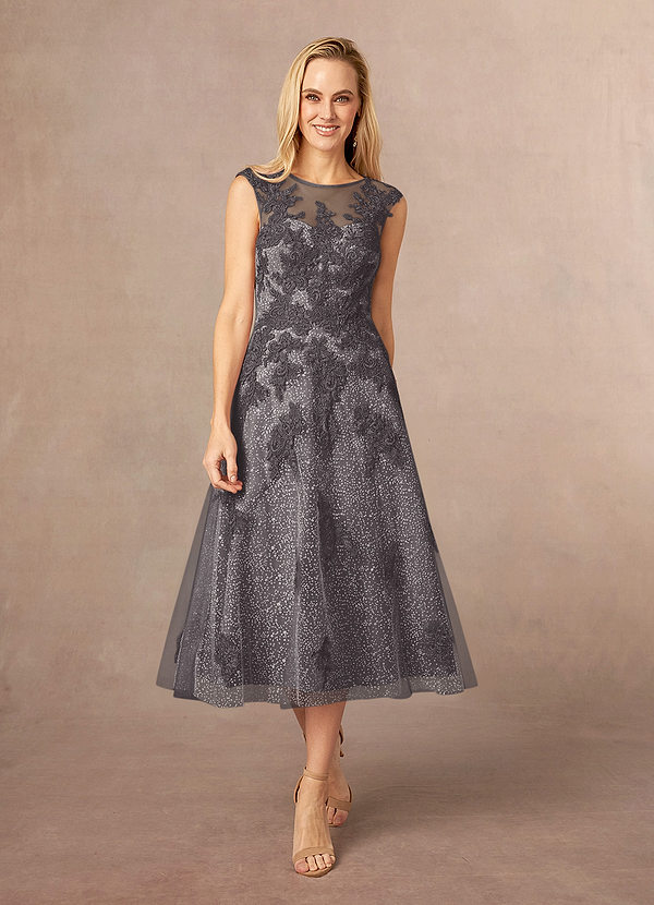 Azazie Flynn Mother of the Brides Dresses Steel Grey A-Line Boatneck Lace Tulle Dress image1