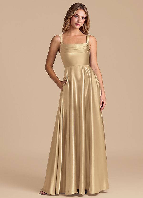 Azazie Shaude 신부 들러리 드레스 A라인 주름진 메탈릭 새틴 바닥 길이 드레스 image1