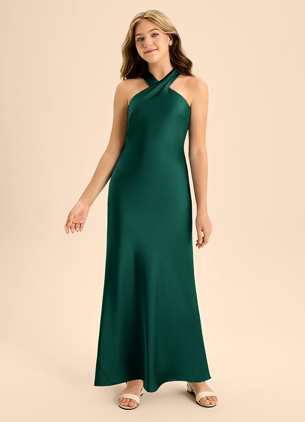 Azazie Doretta Junior Vestido de Esmeralda de Satén Elástico de Corte En A con Plisado image1