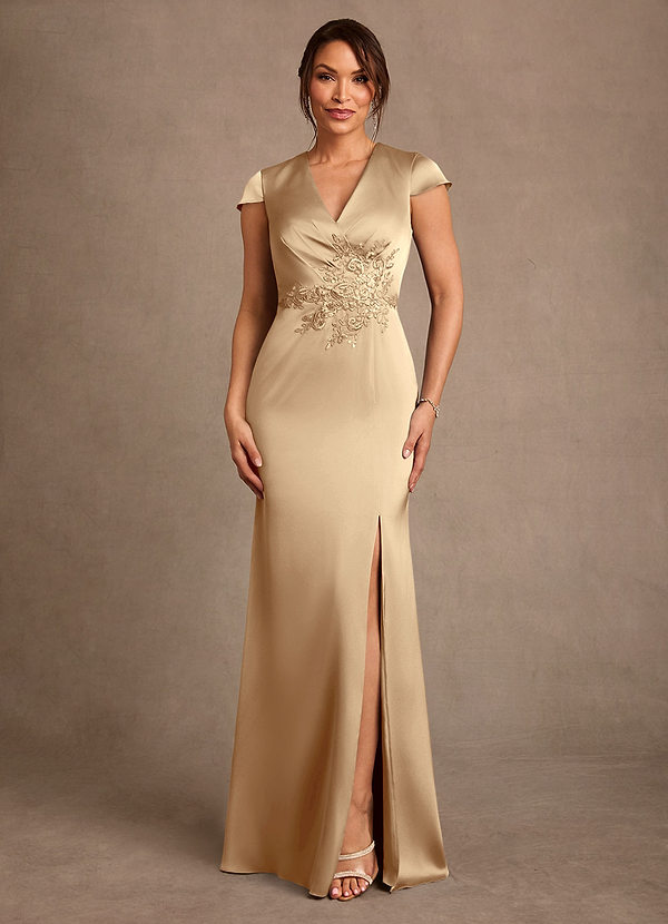 Azazie Rilda 신부의 어머니 드레스 쉬스 레이스 스트레치 새틴 플로어 길이 드레스 image1