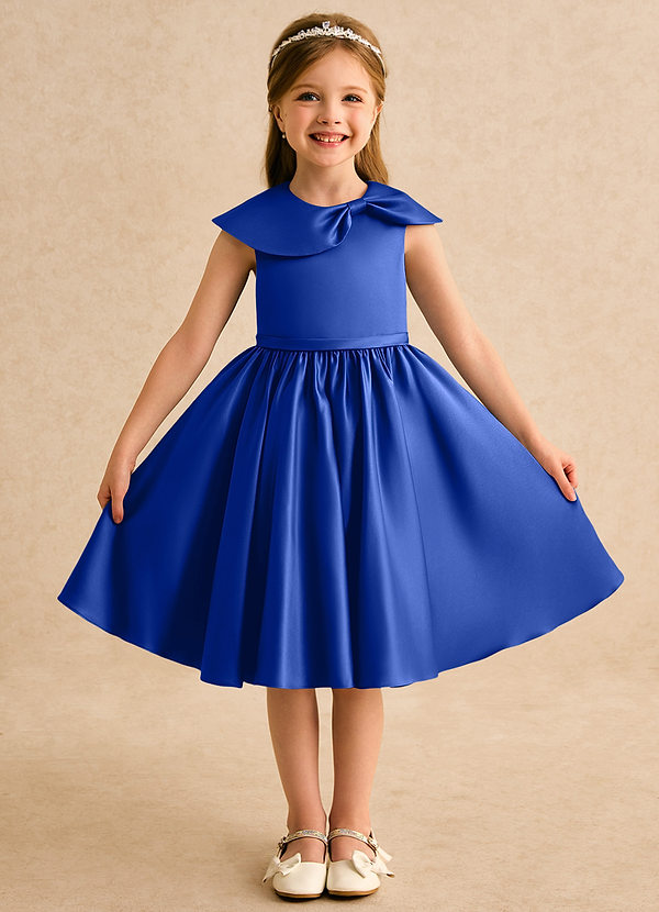 Azazie Acorn Sukienki dla dziewczynek sypiących kwiaty Linia A Pofałdowany Matowy satynowy Długość do kolan Sukienka image1