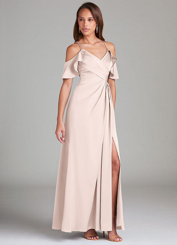 Azazie Dakota Robes Demoiselle d'honneur Robe Trapèze en Satin extensible Épaule décolletée Rose Pâle image1