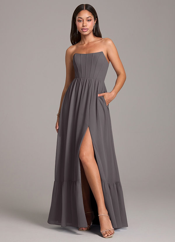 Azazie Kailee Bridesmaid Dresses Steel Grey A-Line with Pockets Chiffon Dress image1