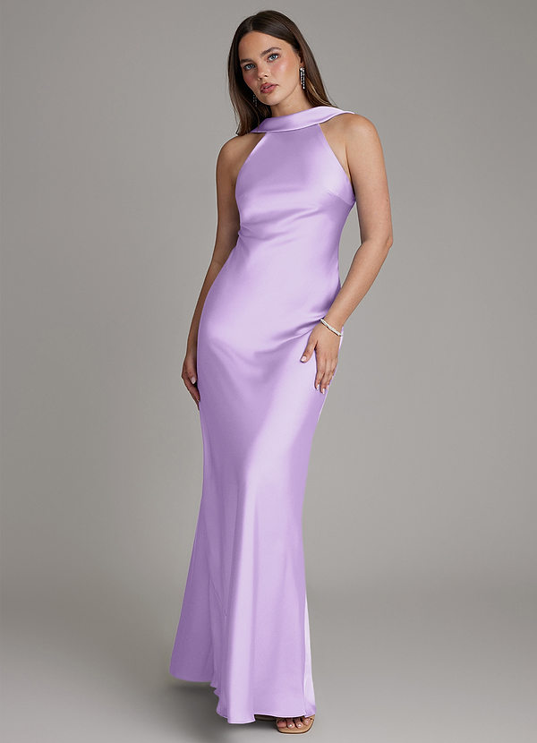 Azazie Dimitra Robes de demoiselle d'honneur Robe Fourreau en Satin extensible Plissé Lilas image1