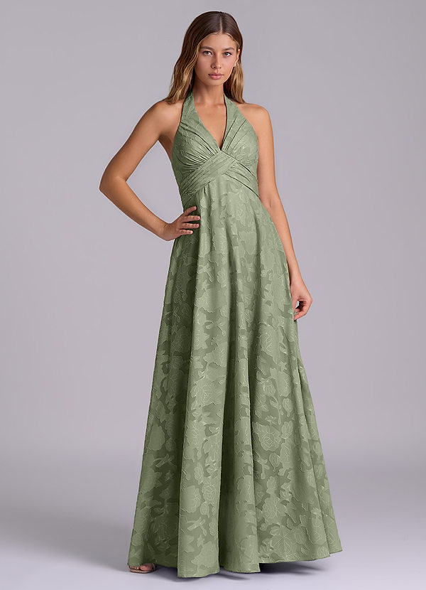 Azazie Tessie Bridesmaid Dresses Pistachio A-Line Pleated Floral Burnout Dress image1