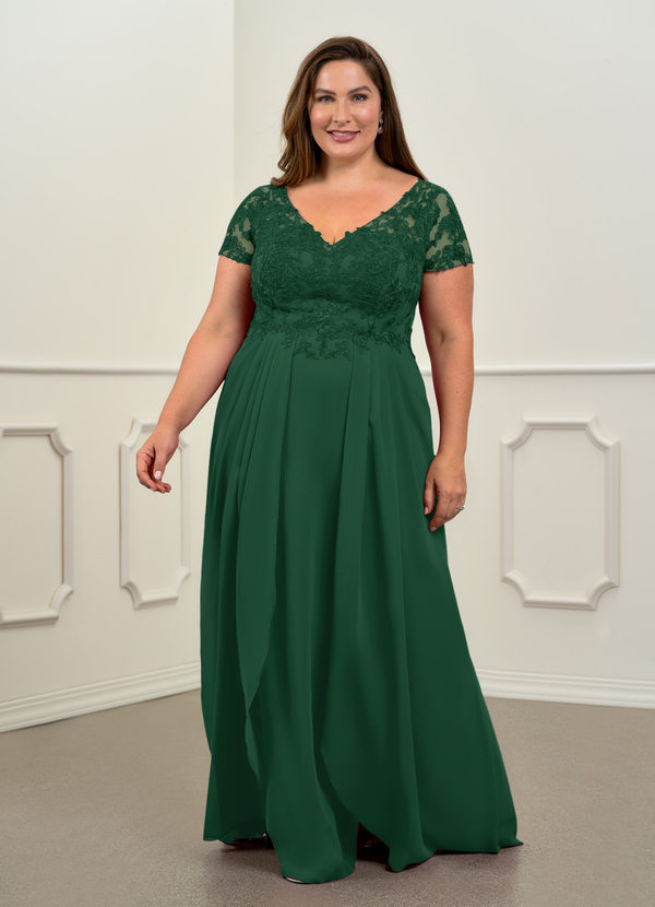 Azazie Dunja Mother of the Brides Dresses Dark Green A-Line V-Neck Lace Chiffon Dress image1
