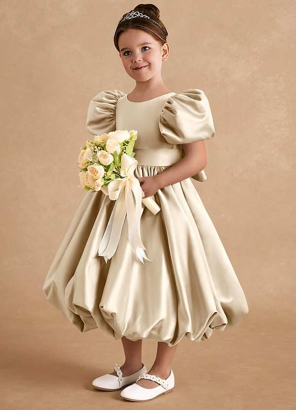 Azazie Jellybean Flower Girl Dresses Champagne Ball-Gown Ruched Matte Satin Dress image1