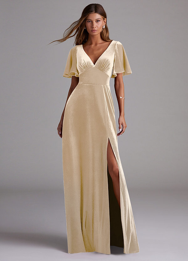 Azazie Kimber Bridesmaid Dresses Champagne A-Line with Pockets Velvet Dress image1
