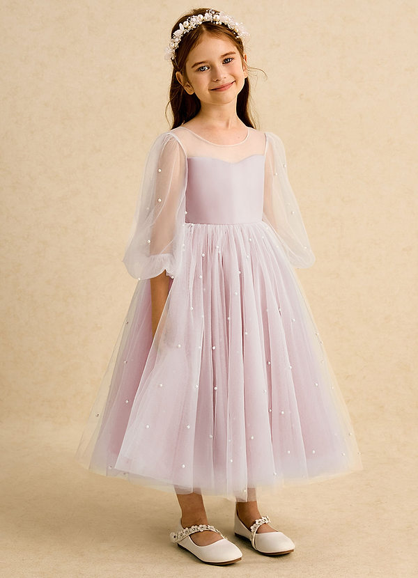 Azazie Trudy Flower Girl Dresses Powder Pink Ball-Gown Sweetheart Neckline Tulle Dress image1