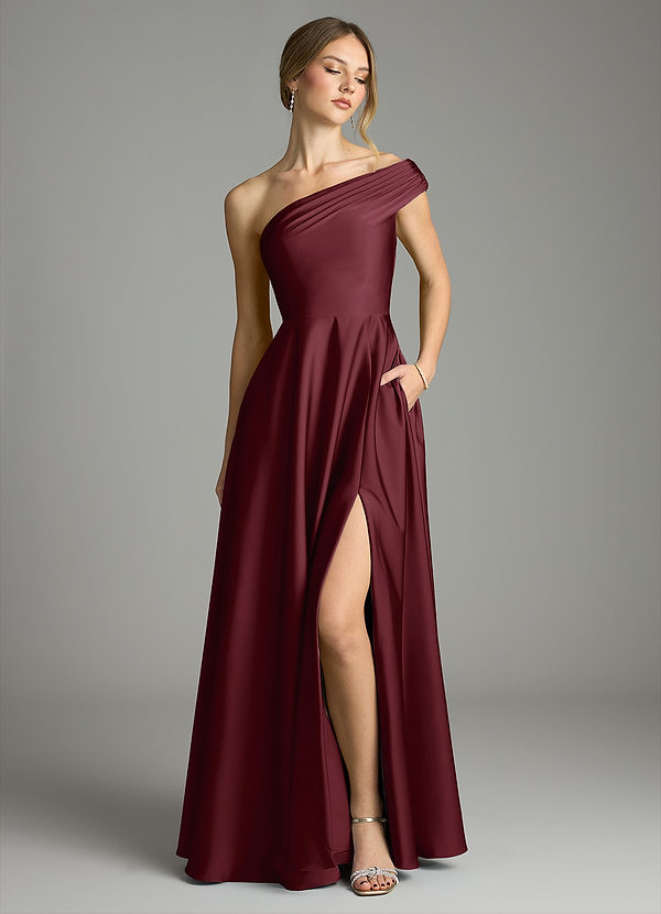 Azazie Melanie Bridesmaid Dresses Cabernet A-Line Off the Shoulder Stretch Satin Dress image1