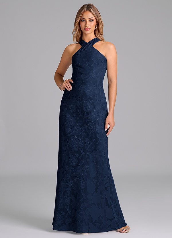 Azazie Doretta Bridesmaid Dresses Dark Navy Mermaid Pleated Floral Burnout Dress image1