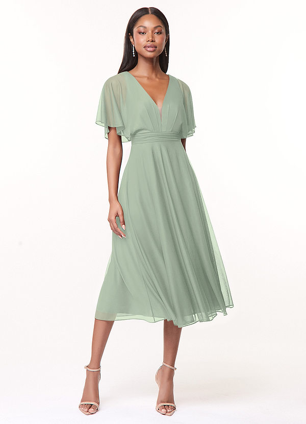 Azazie Tinsley Bridesmaid Dresses Dusty Sage A-Line Pleated Mesh Dress image1