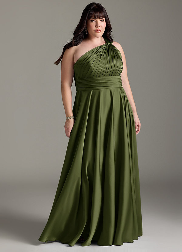 Azazie Charlize Robes de demoiselle d'honneur Robe Trapèze en Satin extensible Asymétrique Olive image1