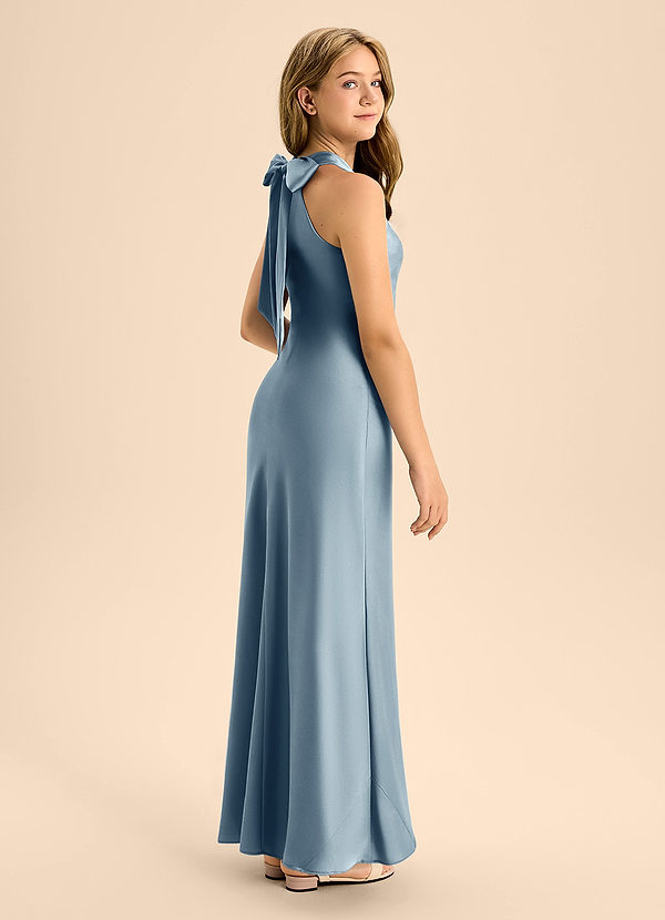 Azazie Doretta Junior Vestido de Azul Polvoriento de Satén Elástico de Corte En A con Plisado image1