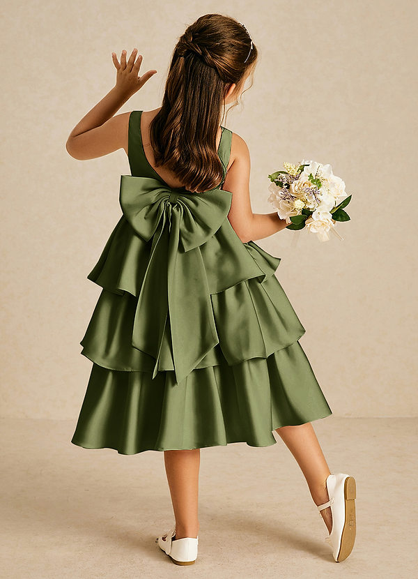 Azazie Margery Flower Girl Dresses Olive A-Line Bow Stretch Satin Dress image1