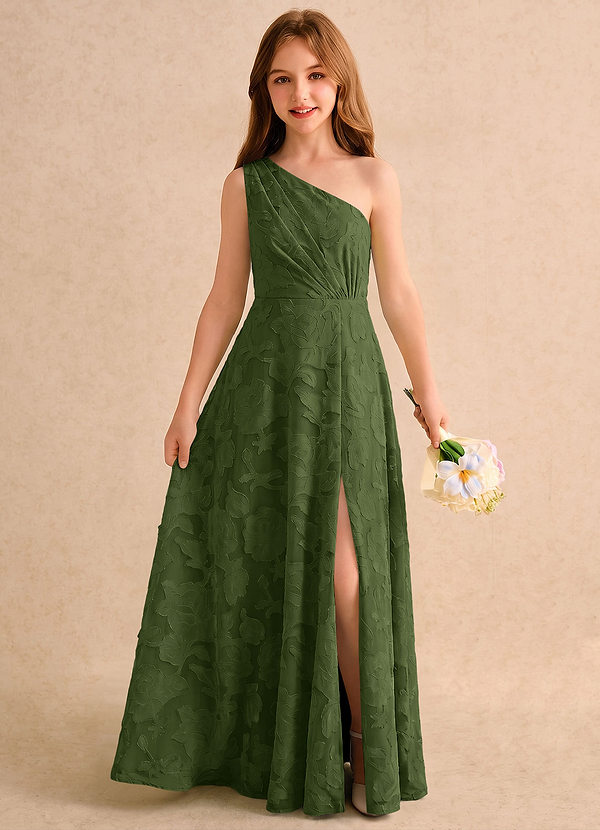 Azazie Pudles Girls Formal Robes de cortège enfant Robe Trapèze en Blumen-Burnout Asymétrique Olive image1