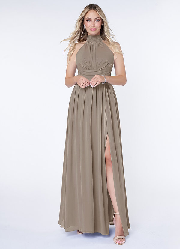 Azazie Iman Bridesmaid Dresses Taupe A-Line A-Line Ruched Chiffon Dress image1