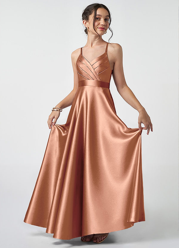 Azazie Avelina Junior Bronzer A-Line Pleated Metallic Satin Dress image1