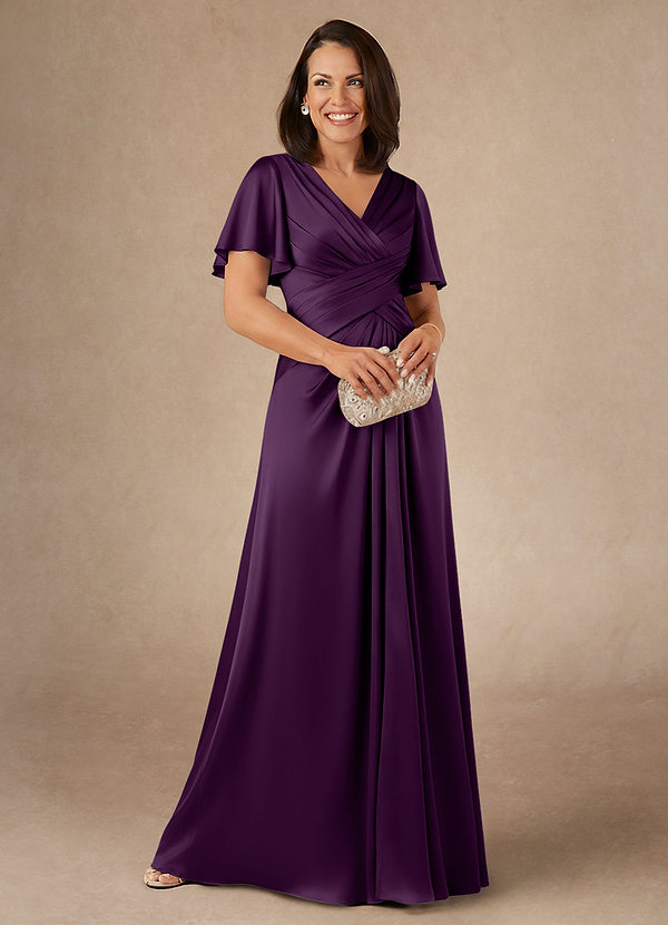 Azazie Emmeline Mother of the Brides Dresses Grape A-Line Pleated Stretch Satin Dress image1
