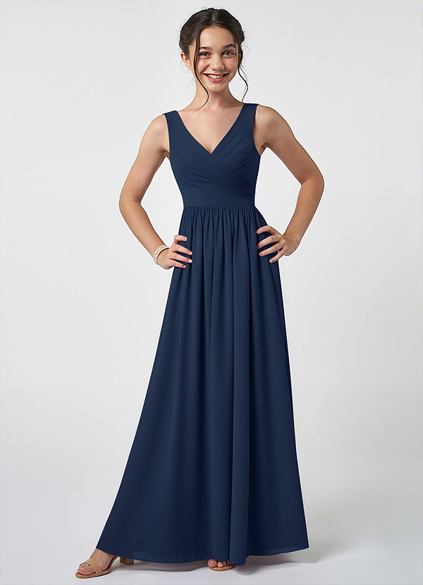 Azazie Keyla Junior A-Linie Plissee Chiffon Kleid Dunkelmarine image1