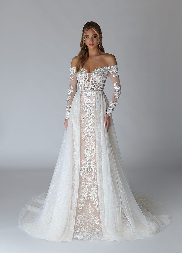 Azazie Solaris Vestidos de Novia Vestido de Blanco Diamante Caramelo de Tul de Corte en A con Lentejuelas con cuello en V image1