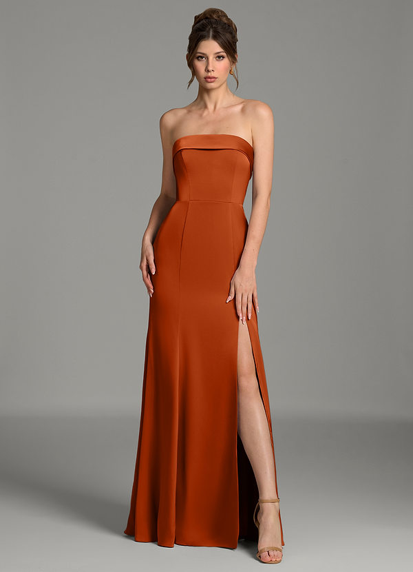 Azazie Helena Bridesmaid Dresses Burnt Orange Mermaid Strapless Stretch Satin Dress image1