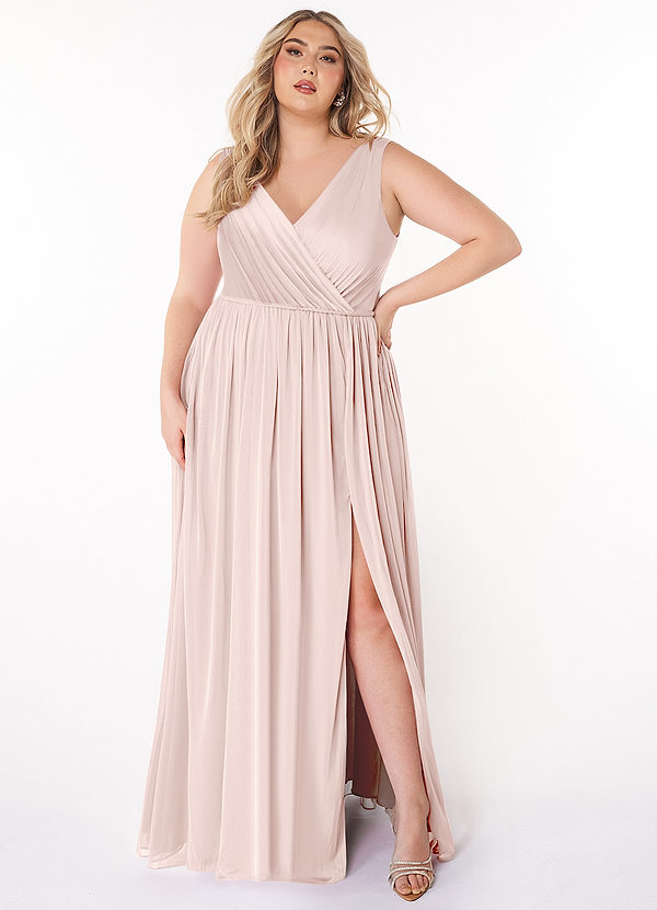 Azazie Tanicia Brautjungfernkleider A-Linie V-Hals Gefaltet Gittergewebe Kleid Zartrosa image1