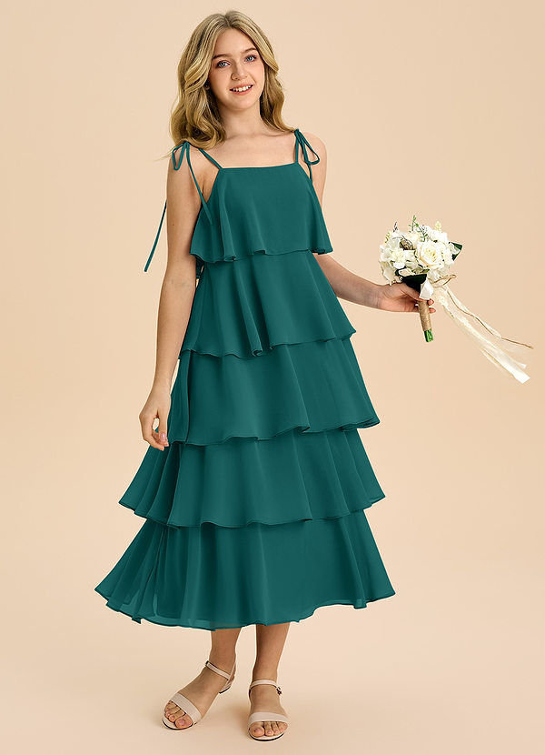 Azazie Shortcake Junior Abito A-Line in Chiffon Fiocco Verde Pavone image1