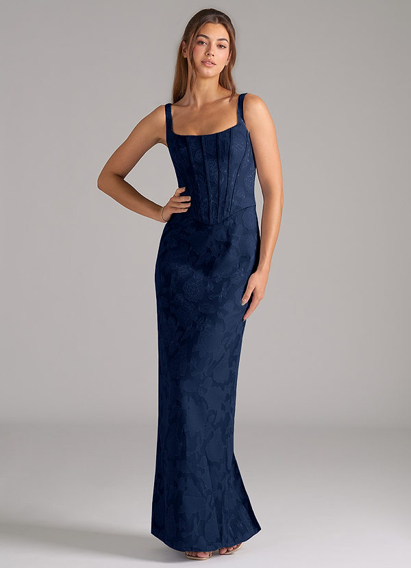 Azazie Kenna Robes Demoiselle d'honneur Robe Fourreau en Blumen-Burnout Fente Latérale Bleu Marine Foncé image1