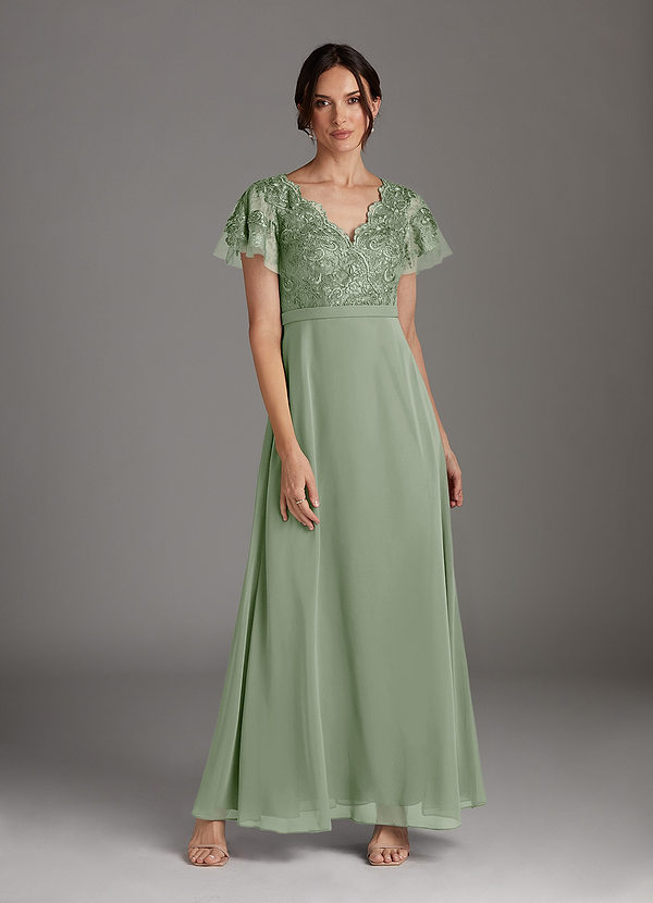 Azazie Singer Mother of the Brides Dresses Dusty Sage A-Line V-Neck Lace Chiffon Dress image1