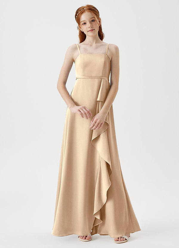 Azazie Kaylee Junior Champagne A-Line with Belt Stretch Satin Dress image1