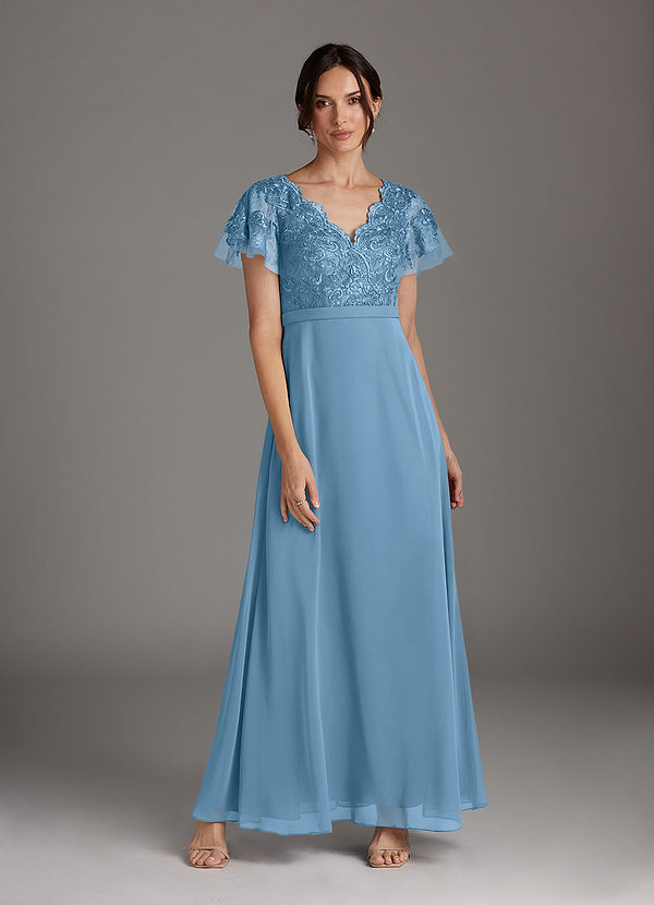 Azazie Singer Mother of the Brides Dresses Steel Blue A-Line V-Neck Lace Chiffon Dress image1