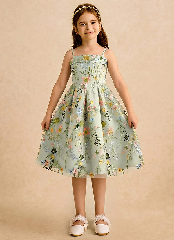 Azazie Meadow Girls Formal Sukienki dla dziewczynek sypiących kwiaty Linia A Pofałdowany Sznurówka Długość do kolan Sukienka image1