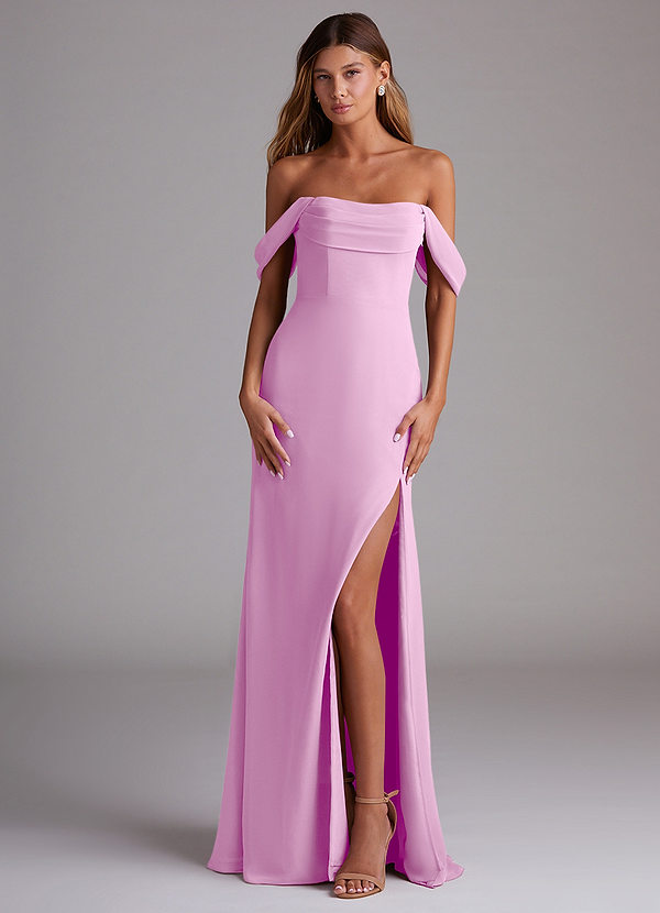 Azazie Saige Bridesmaid Dresses Candy Pink A-Line Off the Shoulder Chiffon Convertible Dress image1
