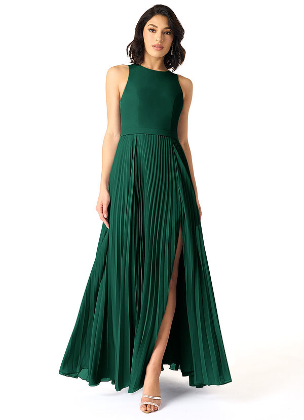 Azazie Lindie Bridesmaid Dresses Emerald A-Line Scoop Pleated Chiffon Dress image1