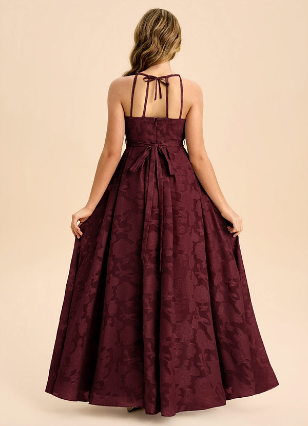 Azazie Arianthe Junior Abito A-Line in Burnout Floreale Plissettato Cabernet image1