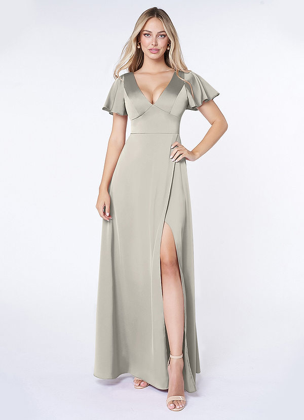 Azazie Lani Bridesmaid Dresses A-Line Flounce Sleeve Stretch Satin Floor-Length Dress image1