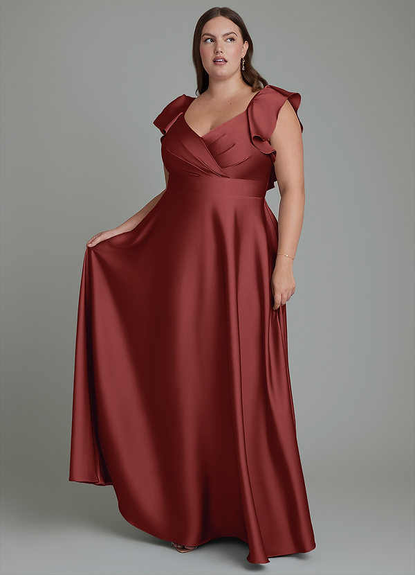 Azazie Leilani Robes de demoiselle d'honneur Robe Trapèze en Satin extensible Drapé Terracotta image1