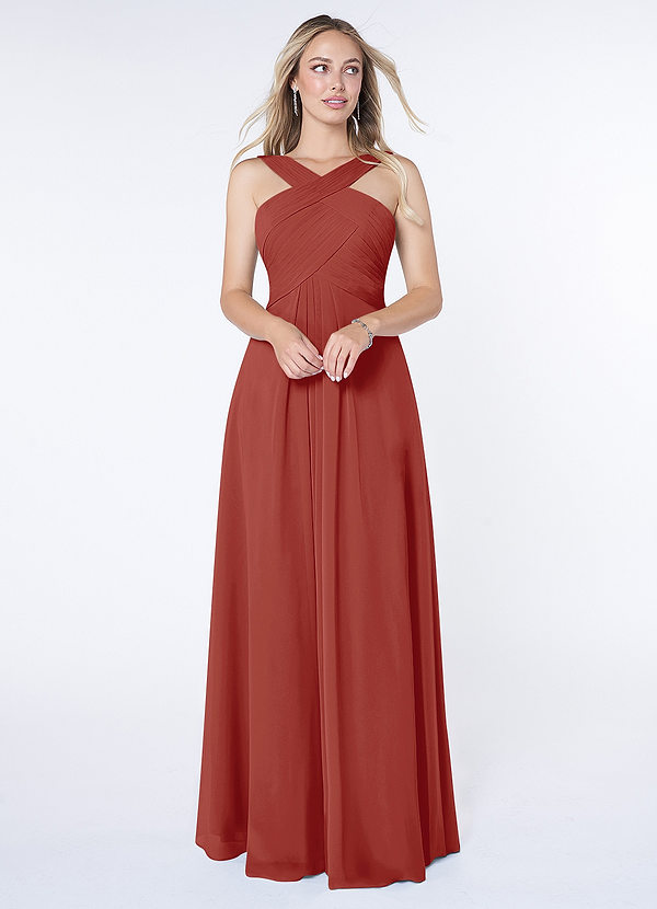 Azazie Kaleigh Bridesmaid Dresses Terracotta A-Line Pleated Chiffon Dress image1